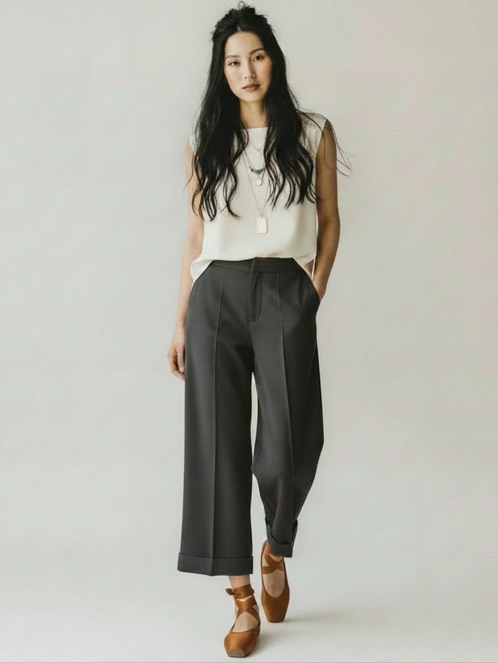 St. John Collection Wide-Leg Cropped Trousers in Sate Brown Size 16 NWT